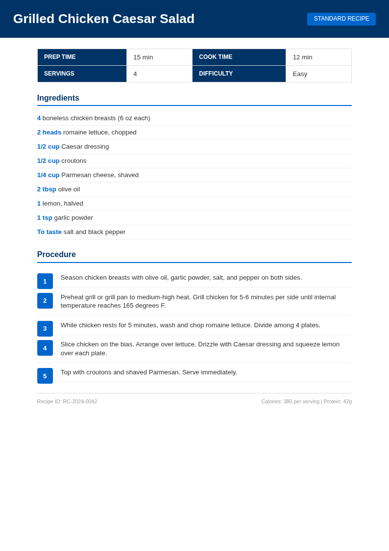 Corporate Standard Recipe With Professional Grid